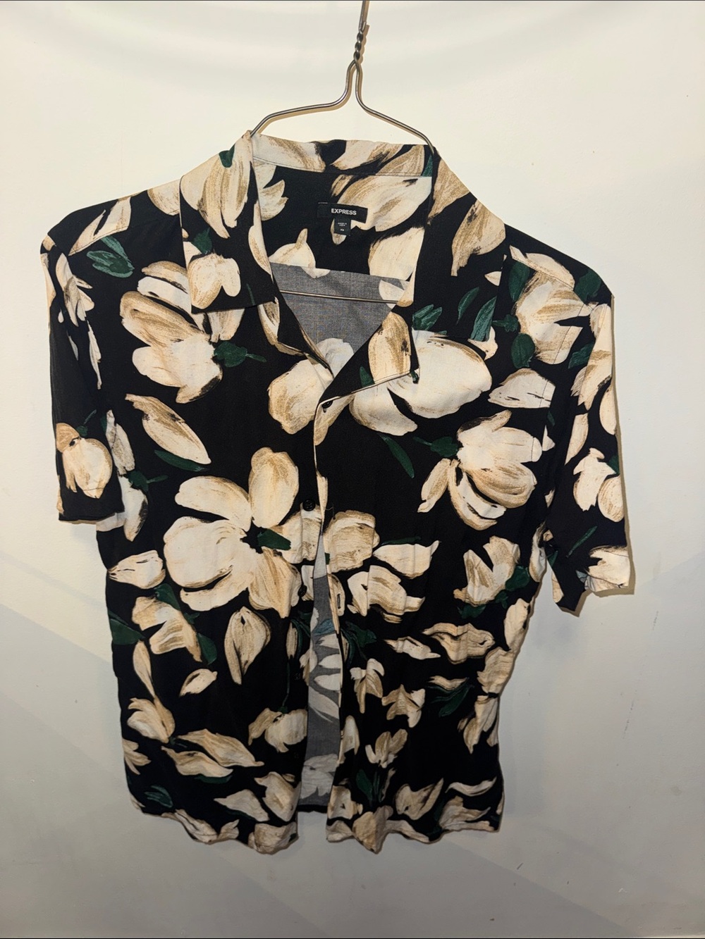 Express Black Floral Short-Sleeve Button Down with Cream Blooms. Like new!